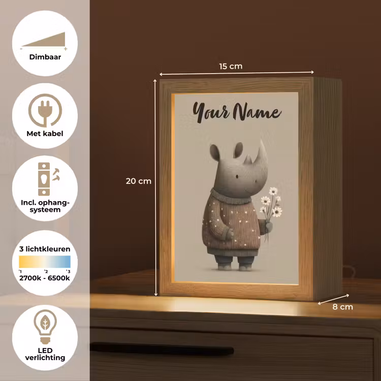 Neushoorn - Witte bloemen - Lief Light Box met kabel (Kinderlampje) klein -USP_NL