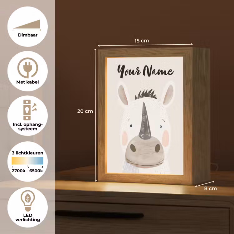 Neushoorn - Wilde dieren - Pastel kleuren Light Box met kabel (Kinderlampje) klein -USP_NL