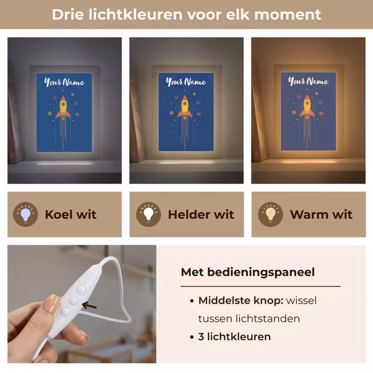 Raket - Blauw - Sterren Light Box met kabel (Kinderlampje) klein -USP_lichtkleurNL