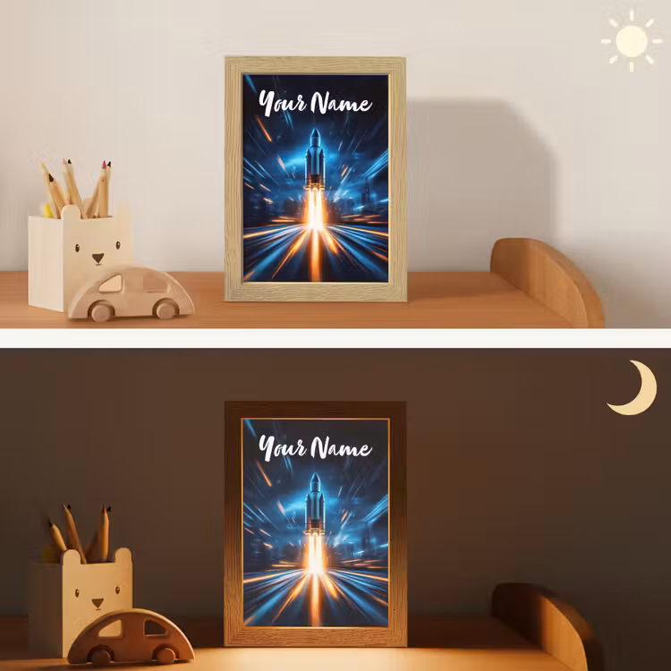 Raket - Ruimte - Blauw - Licht Light Box met kabel (Kinderlampje) klein -sfeer3_kind