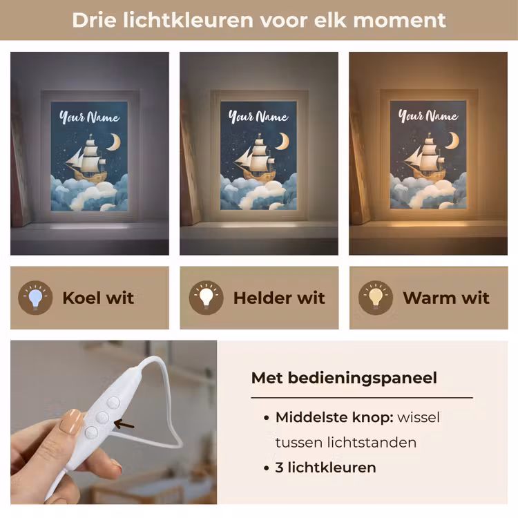 Zeilschip - Sterrenhemel - Wolken - Blauw Light Box met kabel (Kinderlampje) klein -USP_lichtkleurNL