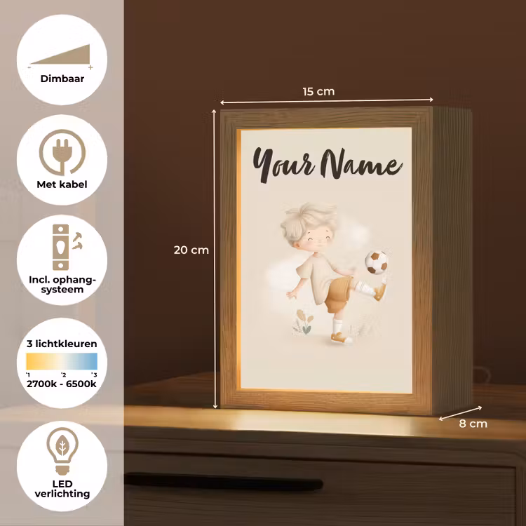 Voetbal - Jongen - Beige - Minimalistisch Light Box met kabel (Kinderlampje) klein -USP_NL