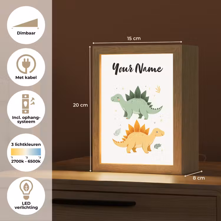 Stegosaurus - Sterren - Bladeren - Minimalistisch Light Box met kabel (Kinderlampje) klein -USP_NL