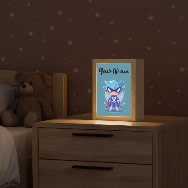 Superheld - Blauw - Jongens Light Box met kabel (Kinderlampje) klein -sfeer1_kind