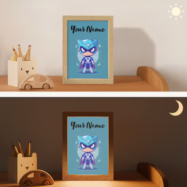 Superheld - Blauw - Jongens Light Box met kabel (Kinderlampje) klein -sfeer3_kind