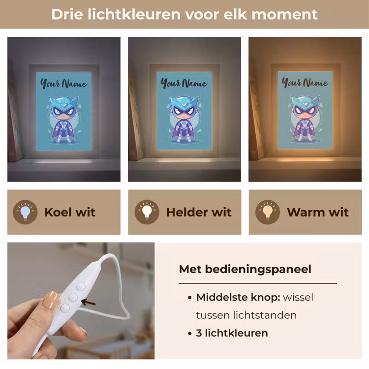 Superheld - Blauw - Jongens Light Box met kabel (Kinderlampje) klein -USP_lichtkleurNL