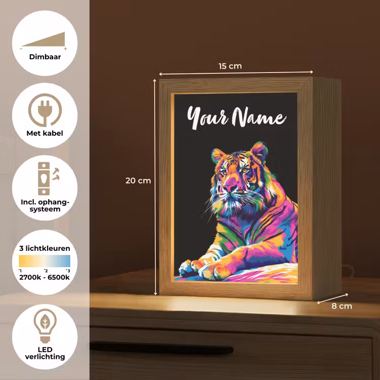 Tijger - Kleurrijk - Dieren - Zwart - Neon Light Box met kabel (Kinderlampje) klein -USP_NL