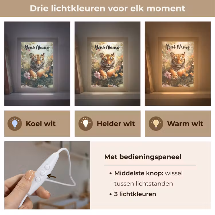 Tijger - Bloemen - Jungle - Dieren Light Box met kabel (Kinderlampje) klein -USP_lichtkleurNL