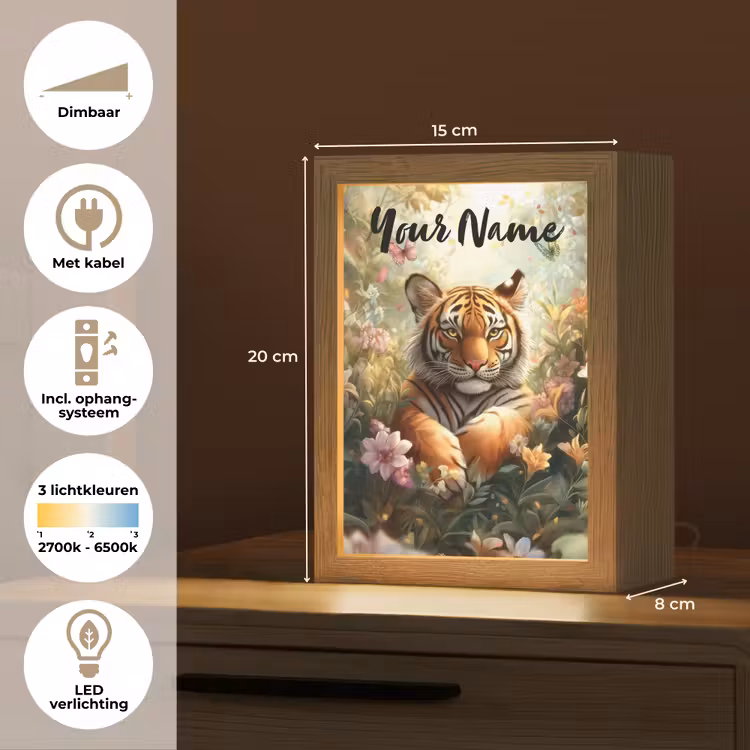 Tijger - Bloemen - Jungle - Dieren Light Box met kabel (Kinderlampje) klein -USP_NL