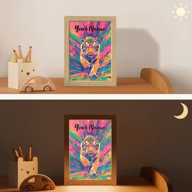 Tijger - Wilde dieren - Kleurrijk - Verflook Light Box met kabel (Kinderlampje) klein -sfeer3_kind