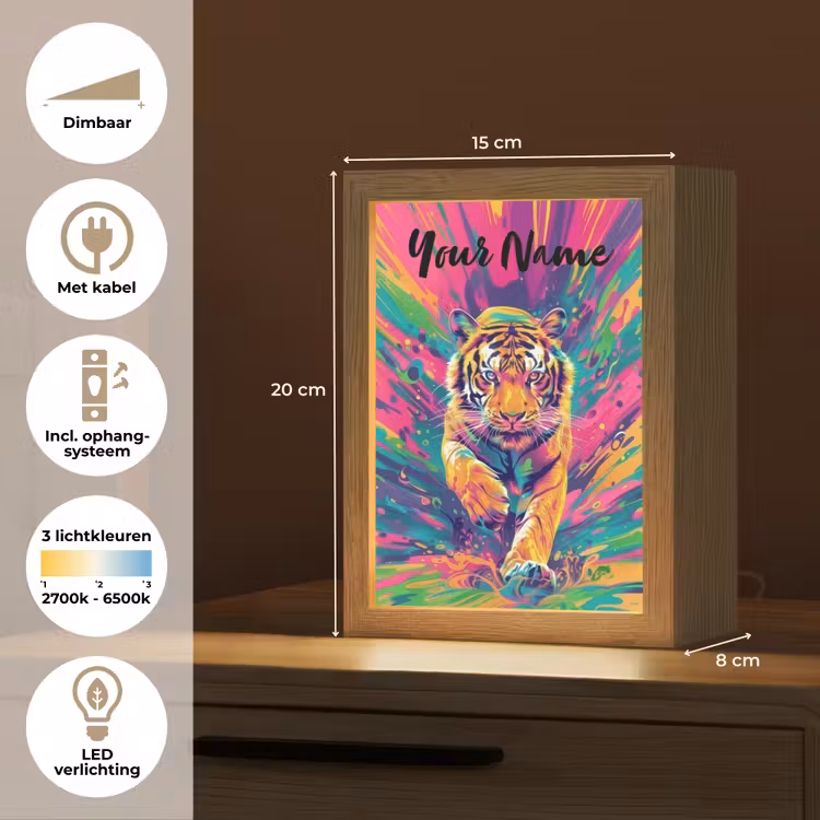 Tijger - Wilde dieren - Kleurrijk - Verflook Light Box met kabel (Kinderlampje) klein -USP_NL