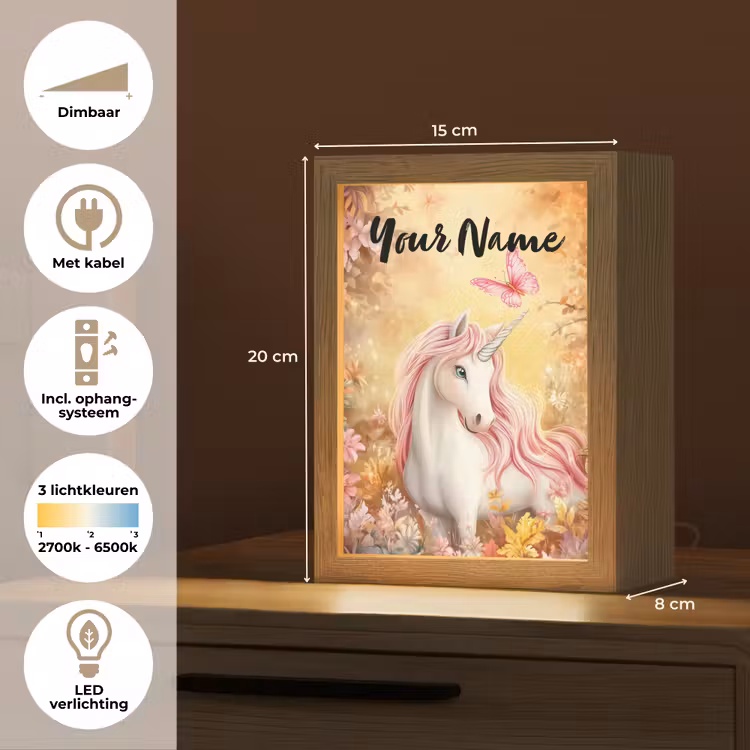 Eenhoorn - Bloemen - Vlinder - Roze Light Box met kabel (Kinderlampje) klein -USP_NL