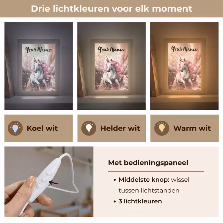 Eenhoorn - Meisje - Roze - Bloemen - Sprookje Light Box met kabel (Kinderlampje) klein -USP_lichtkleurNL