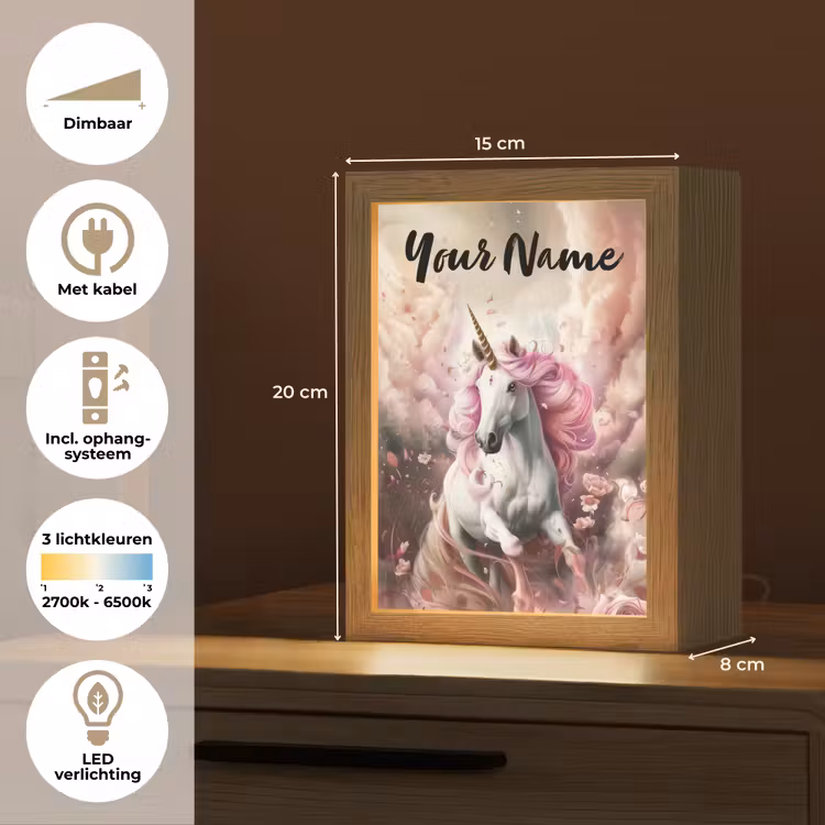 Eenhoorn - Meisje - Roze - Bloemen - Sprookje Light Box met kabel (Kinderlampje) klein -USP_NL