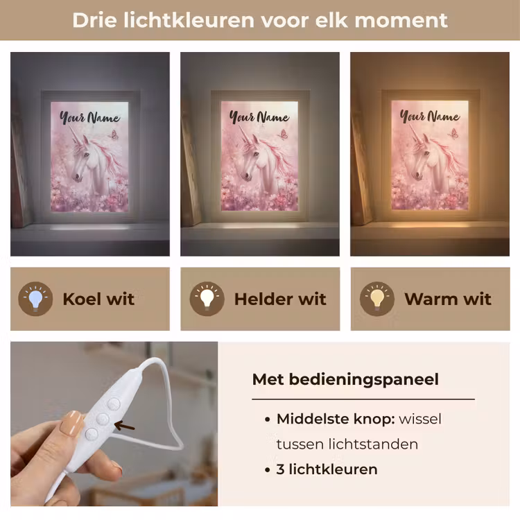 Eenhoorn - Roze - Vlinders - Bloemen Light Box met kabel (Kinderlampje) klein -USP_lichtkleurNL