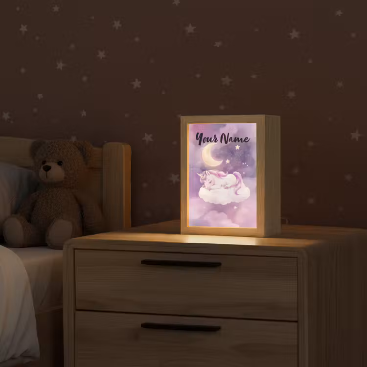 Eenhoorn - Paars - Sterrenhemel - Maan Light Box met kabel (Kinderlampje) klein -sfeer1_kind