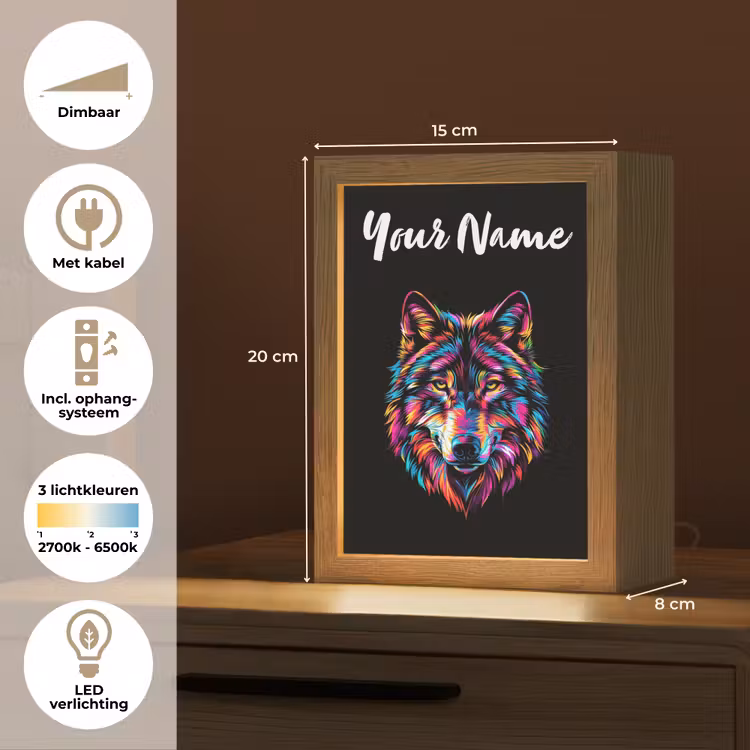 Wolf - Kleurrijk - Zwart - Dieren - Neon Light Box met kabel (Kinderlampje) klein -USP_NL