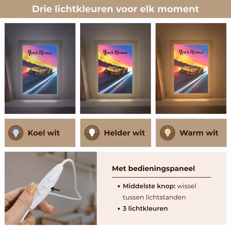 Gele raceauto - Kleurrijk - Neon Light Box met kabel (Kinderlampje) klein -USP_lichtkleurNL