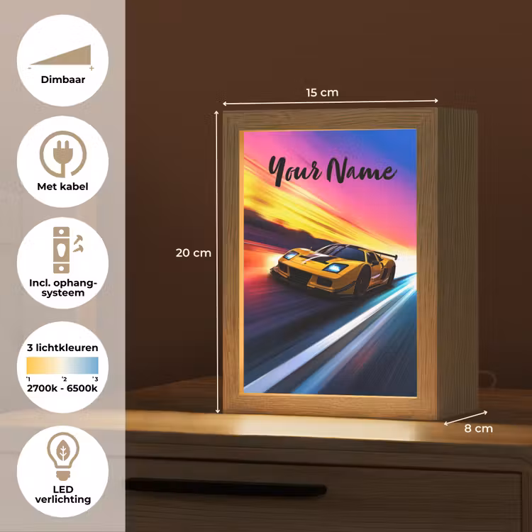 Gele raceauto - Kleurrijk - Neon Light Box met kabel (Kinderlampje) klein -USP_NL