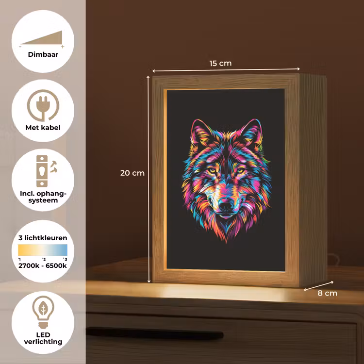 Wolf - Kleurrijk - Zwart - Dieren - Neon Light Box met kabel klein -USP_NL