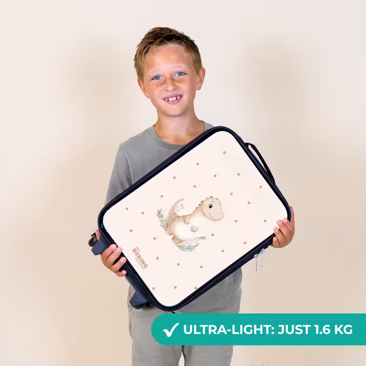 Beige dino op een stippen achtergrond Kinderkoffer - Zwart klein -sfeer4_UK