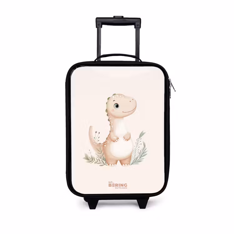 Beige dinosaurus met groene blaadjes Kinderkoffer - Zwart klein -3d