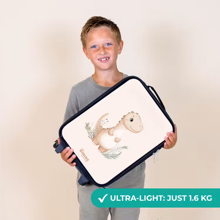 Beige dinosaurus met groene blaadjes Kinderkoffer - Zwart klein -sfeer4_UK