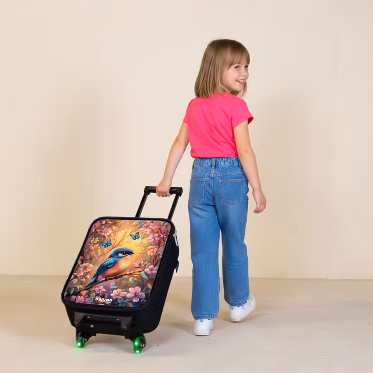 Vogel met vlinders in kleurrijk bos. Kinderkoffer - Zwart klein -sfeer1