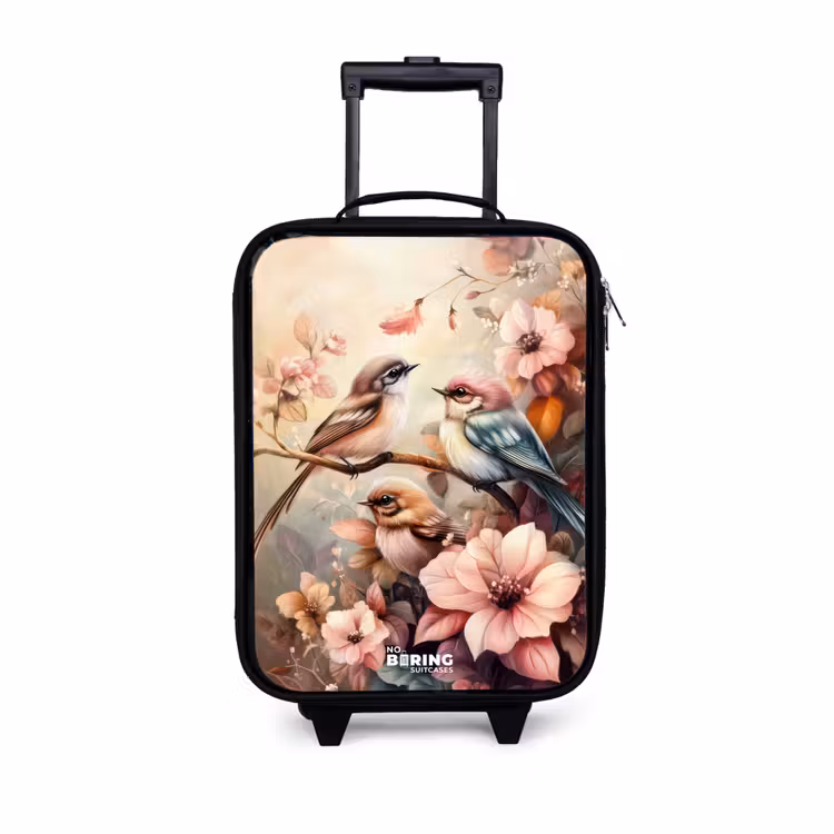 Vogels met roze bloemen Kinderkoffer - Zwart klein -3d