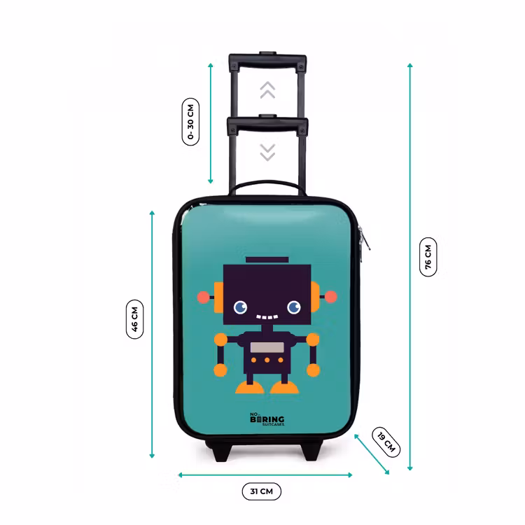 Zwarte robot met oranje accenten op een blauwe achtergrond Kinderkoffer - Zwart klein -productfoto_formaten