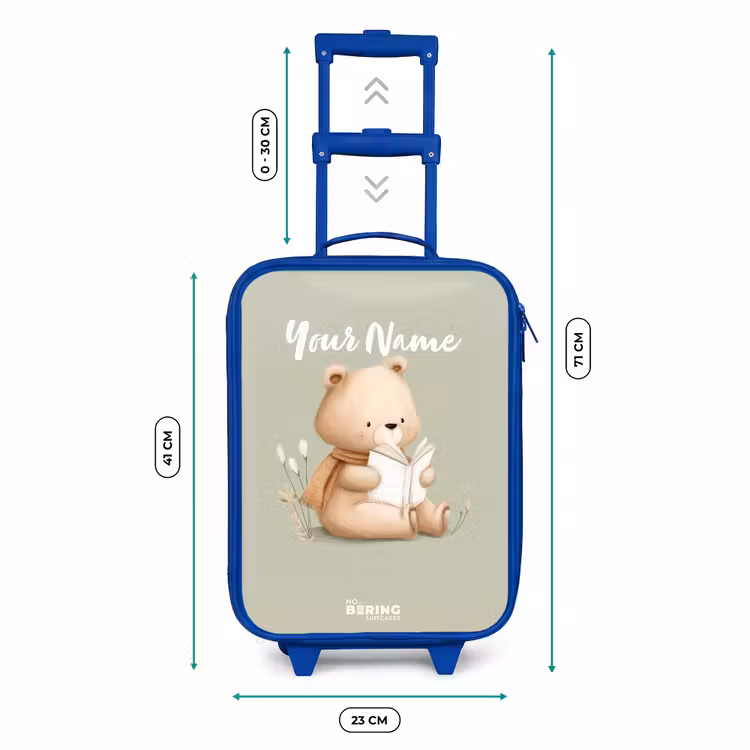 Een bruine beer met een boek - Groen Kinderkoffer - Blauw klein -productfoto_formaten