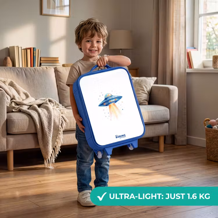 Blauw ruimteschip met lichtstraal Kinderkoffer - Blauw klein -sfeer2_EN