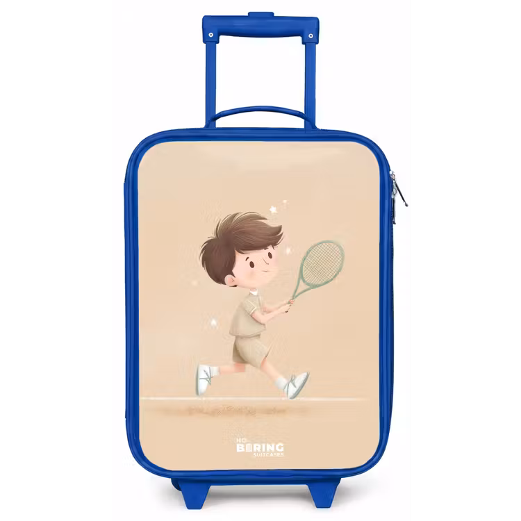 Jongen speelt tennis op zandkleurige achtergrond Kinderkoffer - Blauw klein -zz3dotto