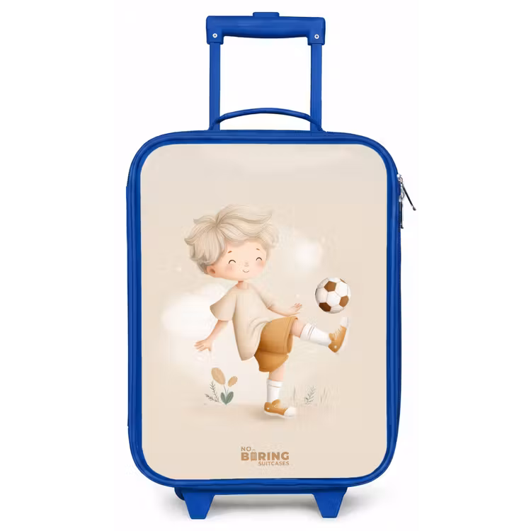 Jongen met een voetbal in beige kleuren Kinderkoffer - Blauw klein -zz3dotto