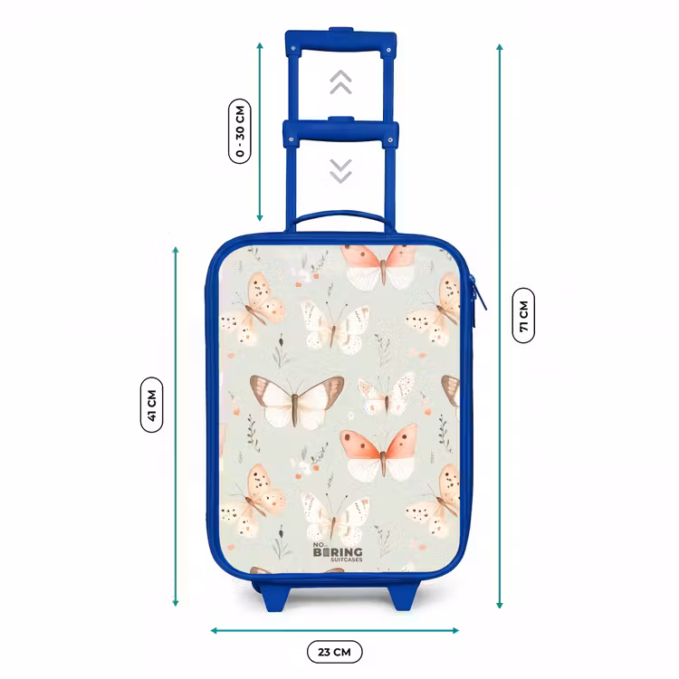 Vlinder patroon in zachte oranje en rode tinten Kinderkoffer - Blauw klein -productfoto_formaten