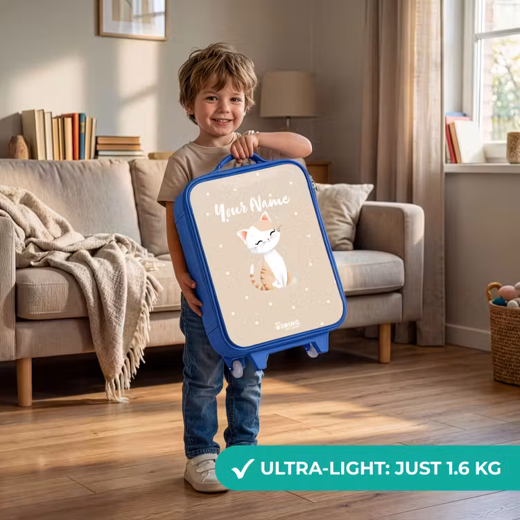 Kat omringd door beige stippen Kinderkoffer - Blauw klein -sfeer2_EN