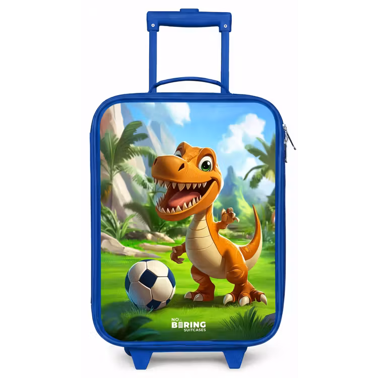 Dino met een voetbal in groen landschap Kinderkoffer - Blauw klein -zz3dotto