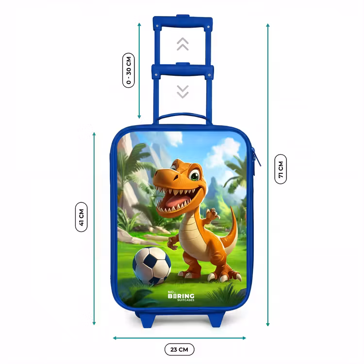 Dino met een voetbal in groen landschap Kinderkoffer - Blauw klein -productfoto_formaten