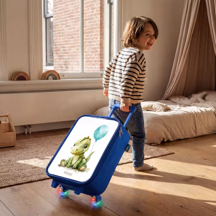 Dino met blauwe ballon Kinderkoffer - Blauw klein -sfeer1