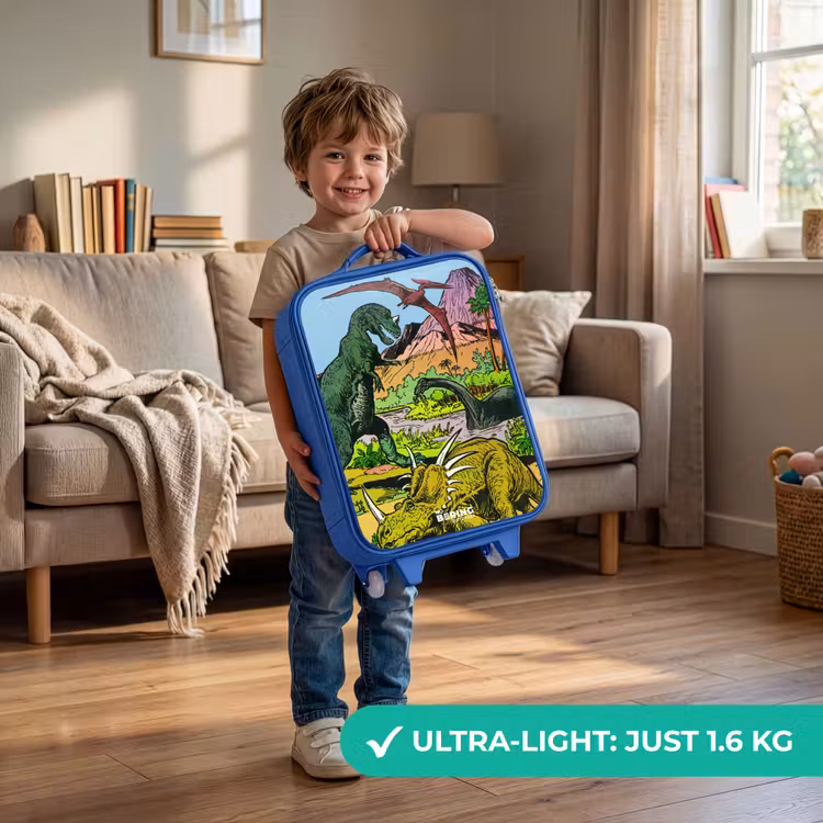 Dino's bij een vulkaan Kinderkoffer - Blauw klein -sfeer2_EN