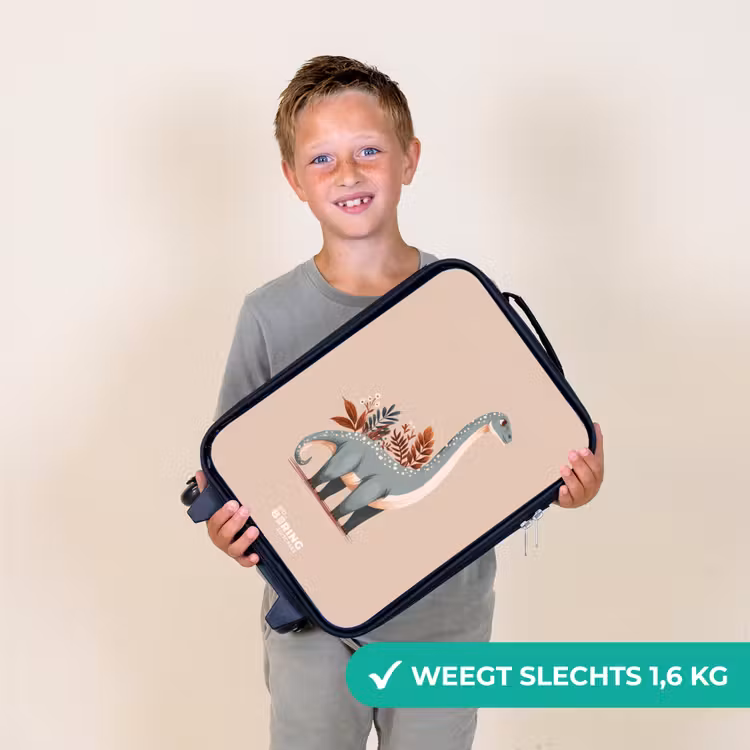 Blauwe dinosaurus op een beige achtergrond Kinderkoffer - Zwart klein -sfeer4_NL
