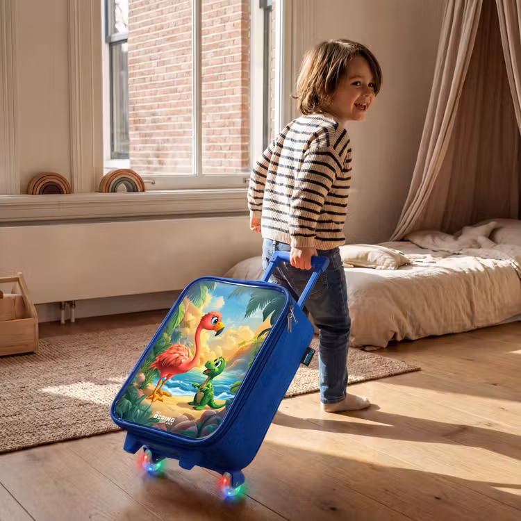 Flamingo en dinosaurus op strand bij ondergaande zon Kinderkoffer - Blauw klein -sfeer1