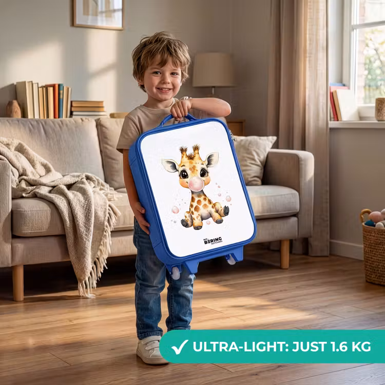 Giraffe met roze kauwgombal Kinderkoffer - Blauw klein -sfeer2_EN