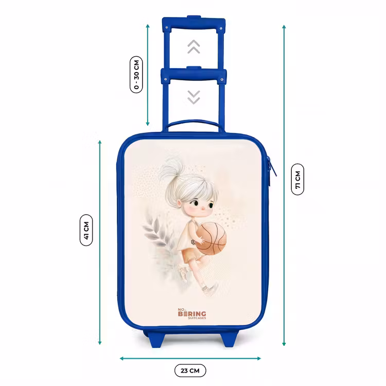 Meisje met een basketbal in neutrale kleuren. Kinderkoffer - Blauw klein -productfoto_formaten