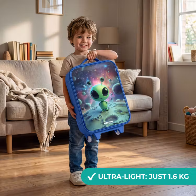 Groen buitenaards wezentje op maanlandschap Kinderkoffer - Blauw klein -sfeer2_EN