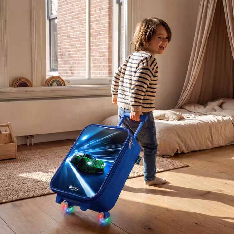 Groene supercar flitst door neonlicht Kinderkoffer - Blauw klein -sfeer1