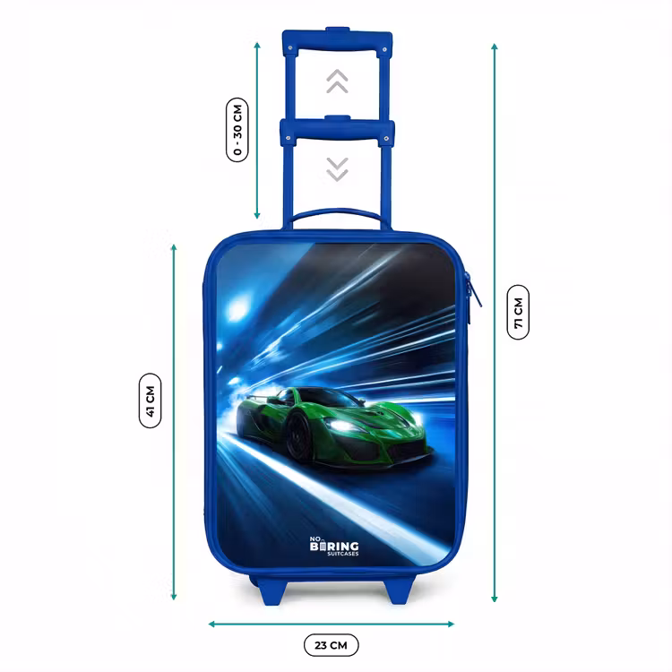 Groene supercar flitst door neonlicht Kinderkoffer - Blauw klein -productfoto_formaten