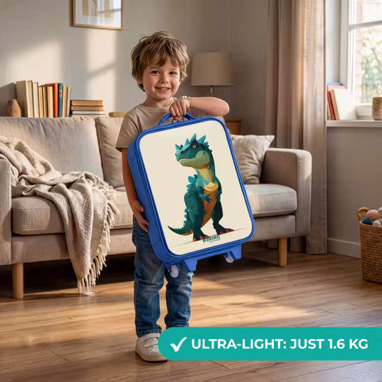 Gehoornde dino met scherpe blik Kinderkoffer - Blauw klein -sfeer2_EN