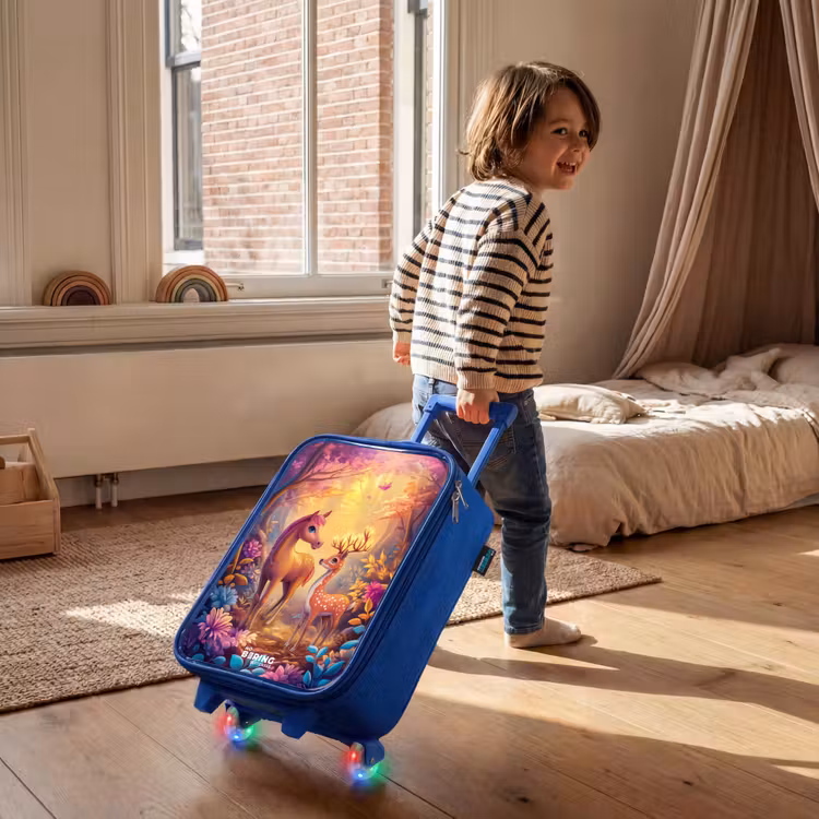 Paard en hert in een roze sprookjesbos Kinderkoffer - Blauw klein -sfeer1