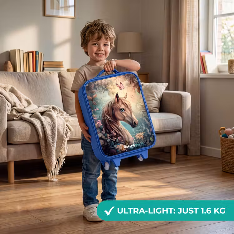 Paard met vlinders in bloementuin Kinderkoffer - Blauw klein -sfeer2_EN